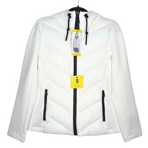 DKNY Mixed Media Scuba Sleeves Hooded Puffer Jacket Size Small White Winter Coat